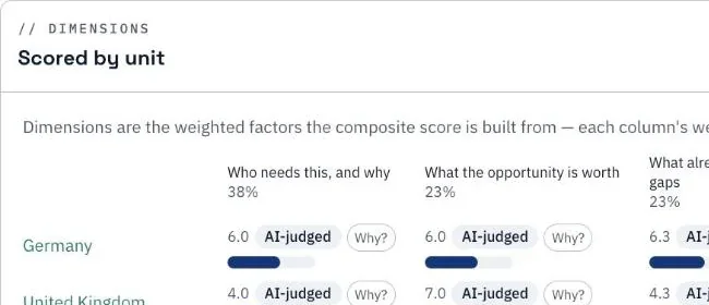Markets scored against weighted dimensions such as who needs this and what the opportunity is worth