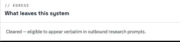 Egress control showing a cleared field marked eligible to appear verbatim in outbound research prompts